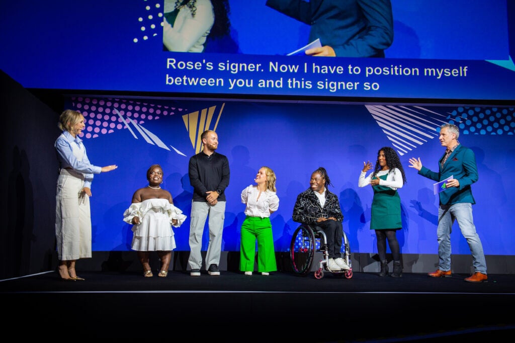Channel 4 Paralympics press launch with live captions behind on a screen